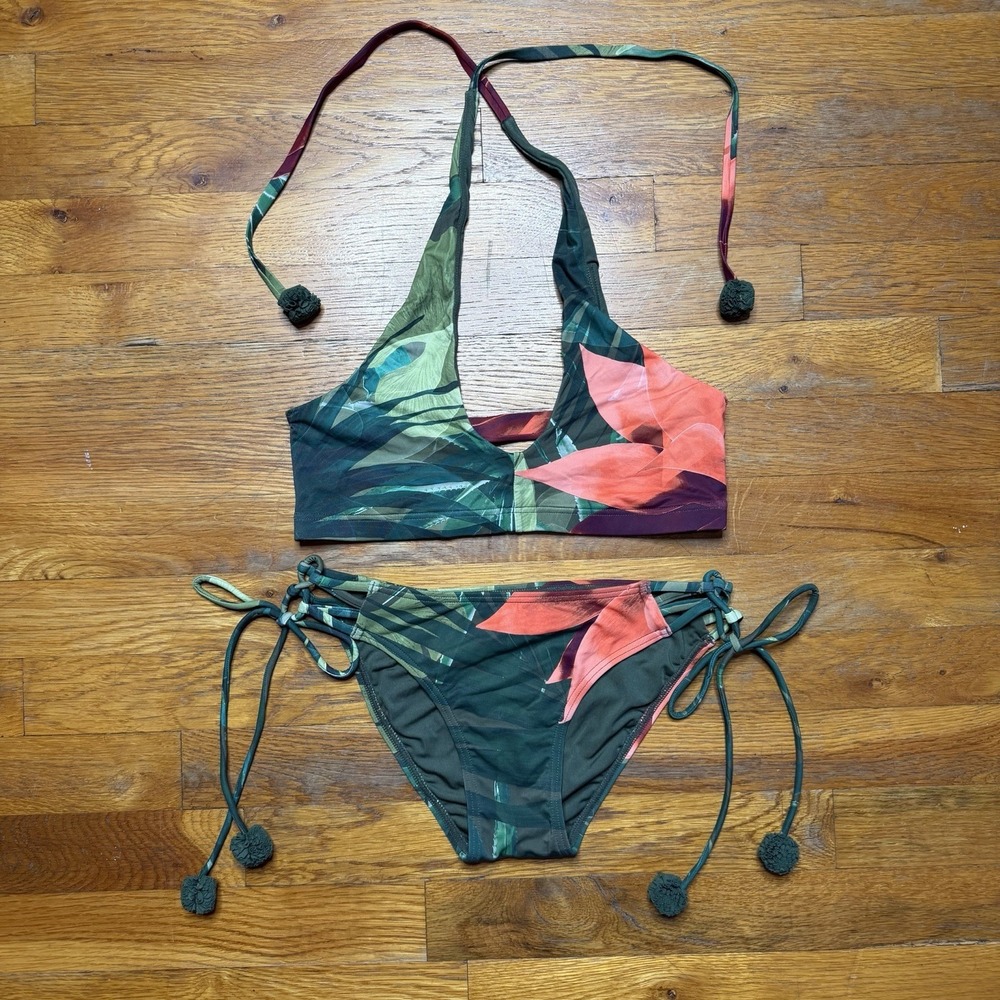 Vince Camuto Floral Bikini Medium Tassels Halter Top Tropical Green Pink NWOT